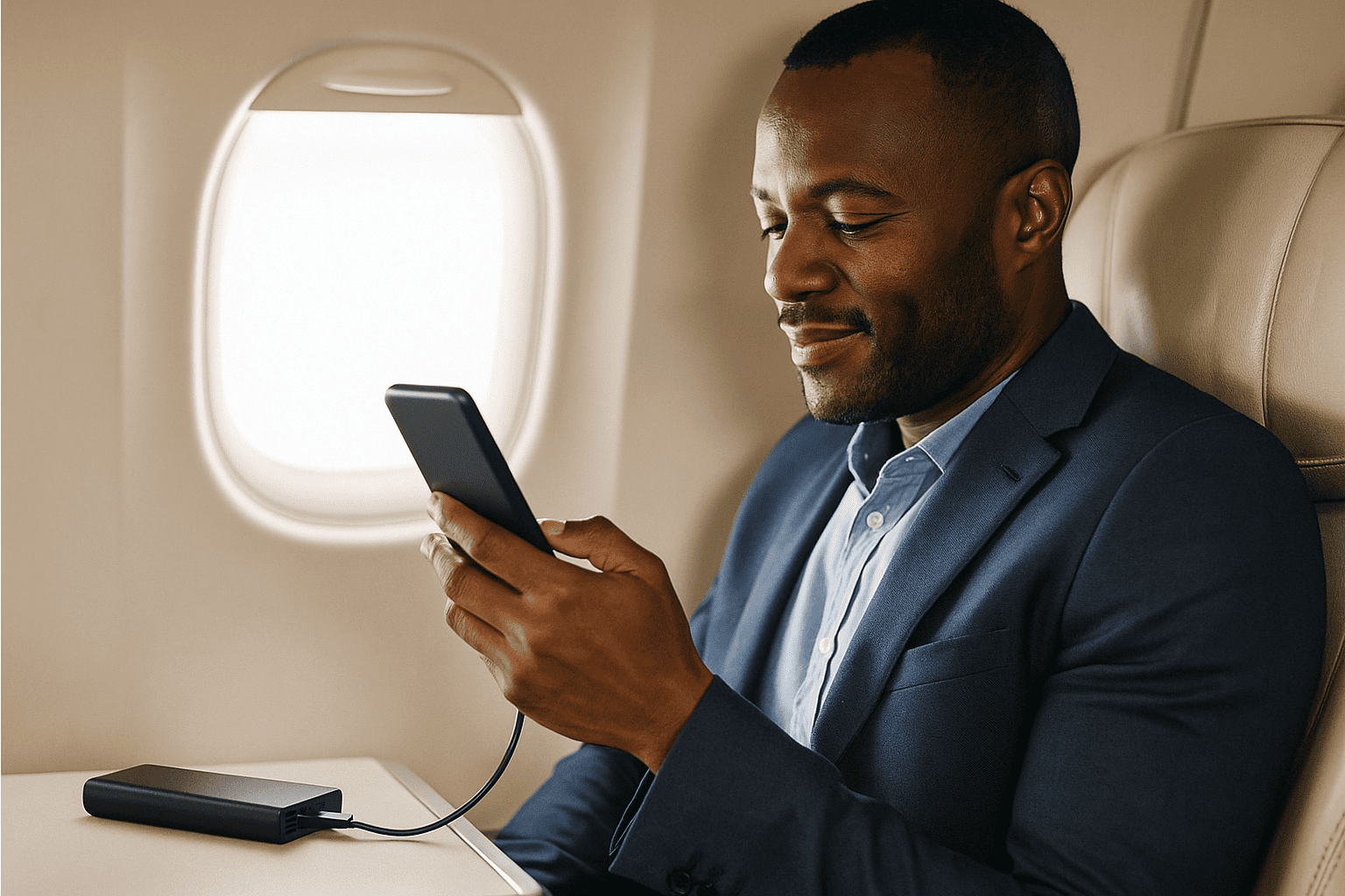 Homme d'affaires en avion qui recharge son téléphone avec une powerbank